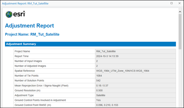 Adjustment report for satellite imagery