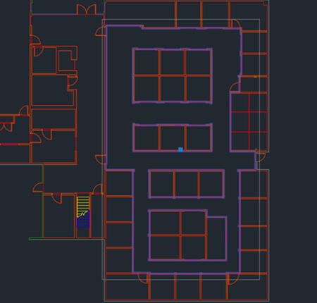Grouped closed polylines representing a hallway in CAD.