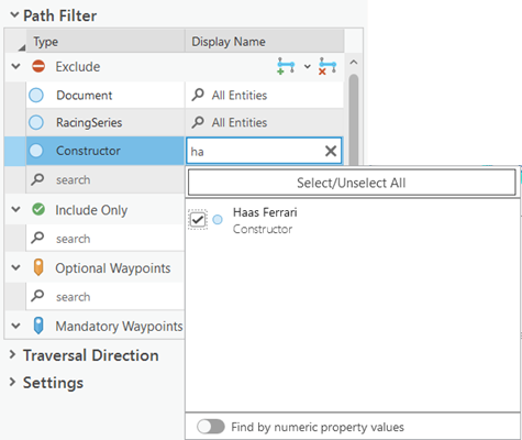 Search for and select a specific entity to exclude from the paths