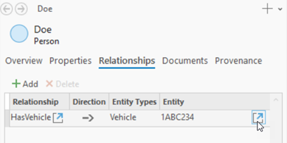Hover over a relationship or a related entity to see the Open button.