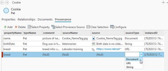 Click the type of source information associated with this provenance record in the drop-down list.