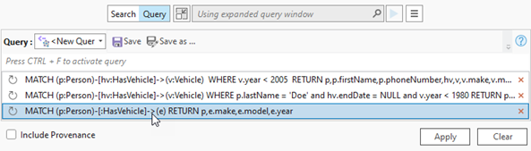 Click in an empty query text box to list the three most recent queries.
