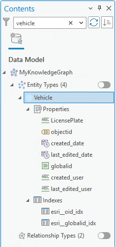 Search for specific entity and relationship types by name in the Contents pane.