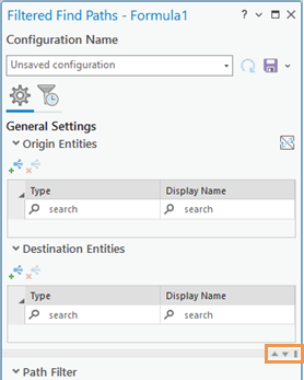 Drag the bar or use the buttons to resize panels in the Filtered Find Paths pane.