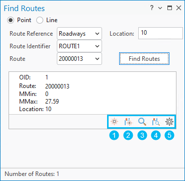 Find Routes pane displaying selection for an m-aware dataset and a returned route record.