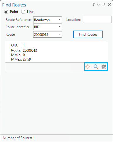 Find Routes pane displaying selection for an m-aware dataset and a returned route record.
