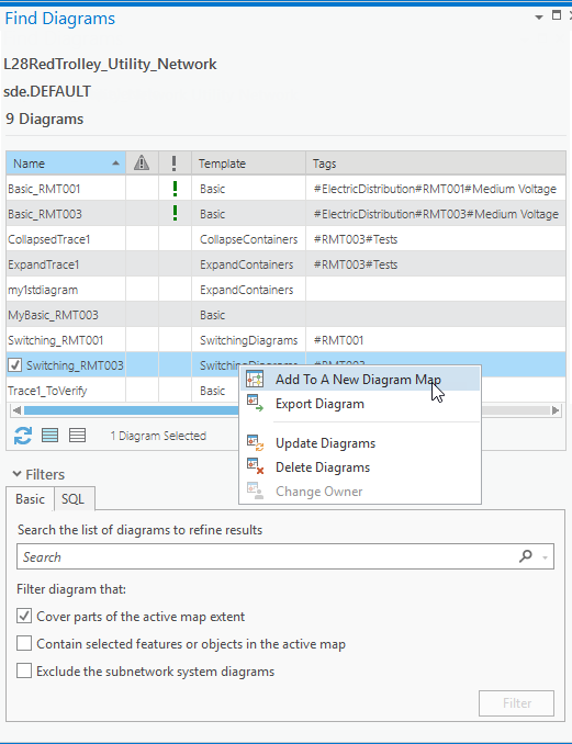Diagram commands in context menus from the diagram items in the Find Diagrams pane