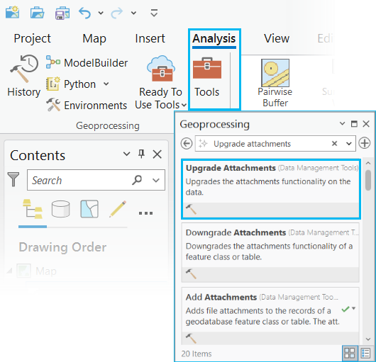 Geoprocessing pane with search results for Upgrade Attachments