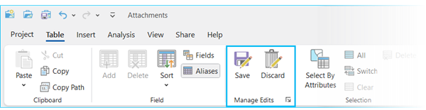 Table tab with the Save and Discard buttons highlighted in the Manage Edits group