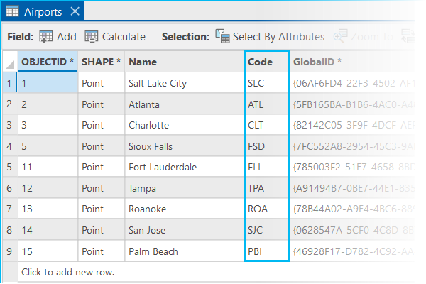 Attribute table with highlighted key field