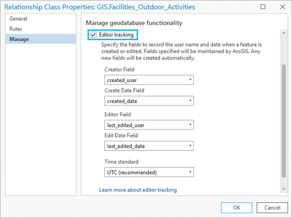 The Editor Tracking tab is accessible from the Relationship Class Properties dialog box.