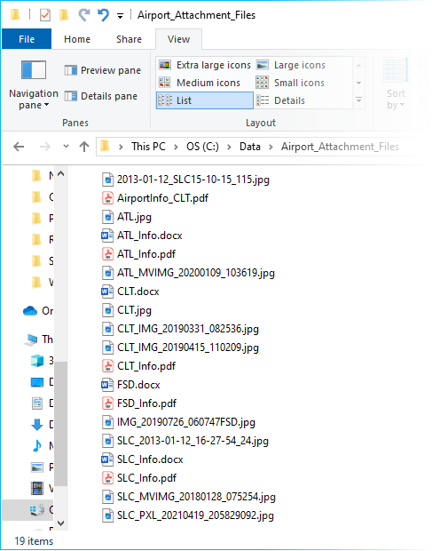 Windows File Explorer with folder of airport files to add to the match table