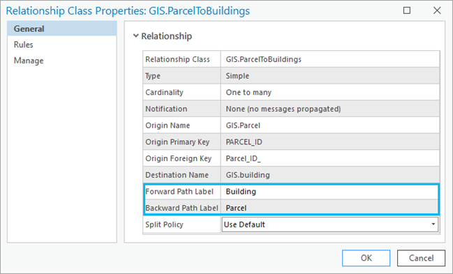 Forward Path Label and Backward Path Label displayed on the Relationship Class Properties dialog box