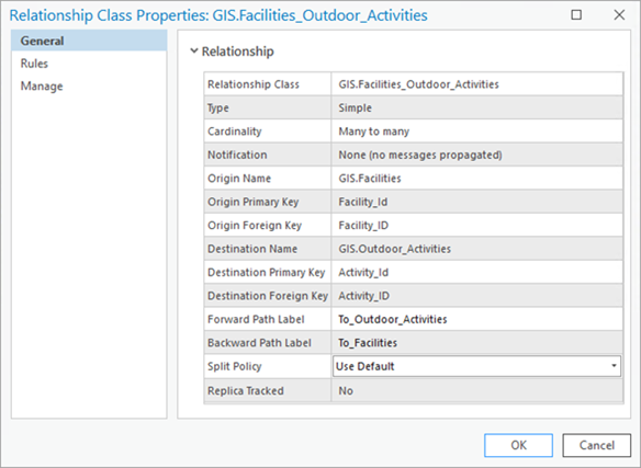 The General tab on the Relationship Class Properties dialog box