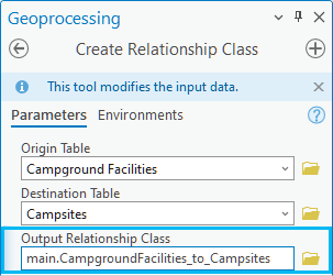 Output relationship class name and location parameter on the Create Relationship Class geoprocessing tool