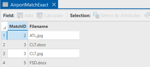 Match table showing results with the exact match pattern from the Key Field values