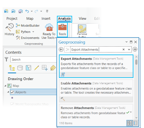 Geoprocessing pane with search results for Export Attachments