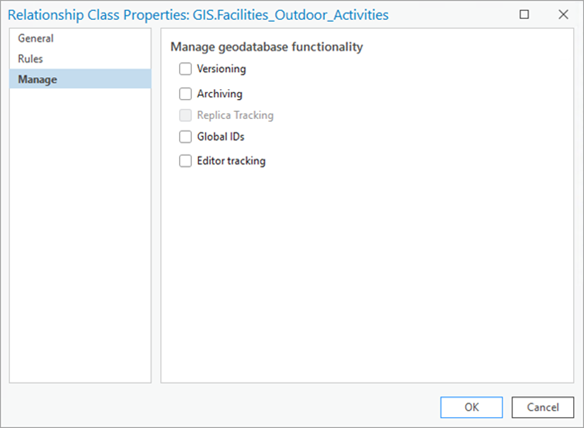 The Manage tab on the Relationship Class Properties dialog box
