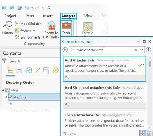 Geoprocessing pane with search results for Add Attachments