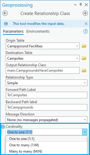 The cardinality for a relationship class describes how many objects in the origin are related to how many objects in the destination.