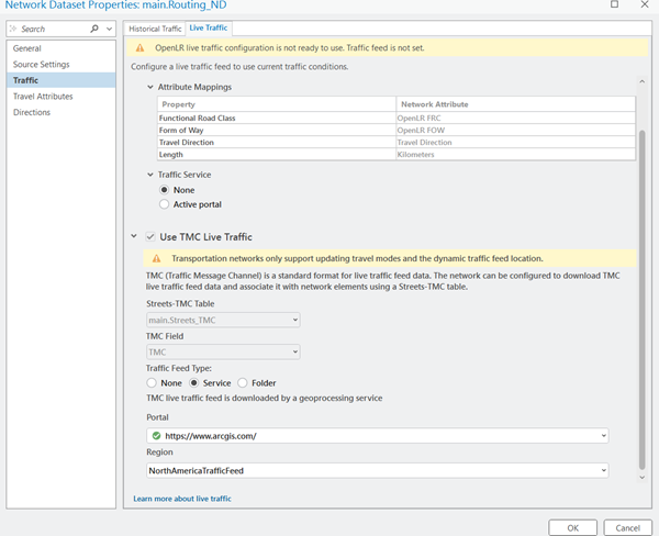 Network Dataset Properties dialog box for main.Routing_ND showing Use TMC Live Traffic settings