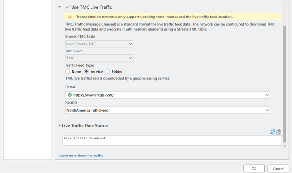 Network Dataset Properties dialog box for main.Routing_ND showing Use TMC Live Traffic settings