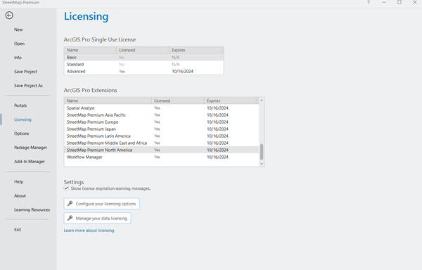 Licensing pane showing the ArcGIS Pro Extensions list for StreetMap Premium