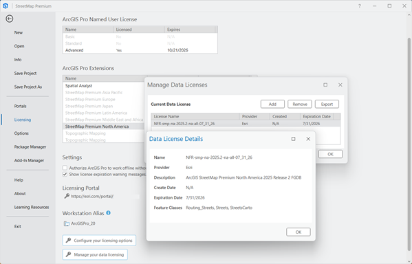 Manage Data Licenses pane showing the StreetMap Premium license file (*.sdlic) Manage Data Licenses pane showing the StreetMap Premium license file (*.sdlic)
