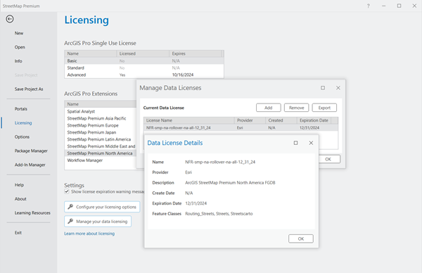 Manage Data Licenses pane showing the StreetMap Premium license file (*.sdlic)