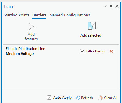 Trace pane displaying a feature barrier designated as a filter barrier