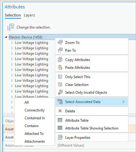 Select Associated Data command displaying valid association types for the layer.