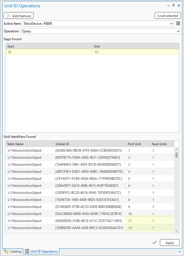 The Unit ID Operations pane reporting a gap starting at unit ID 12 for 2 units