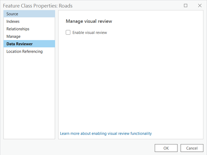 Feature Class Properties dialog box with the Data Reviewer tab active and Manage visual review settings