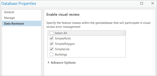 Database Properties dialog box with the Data Reviewer tab active and the Enable visual review settings