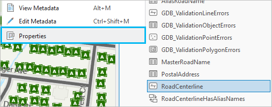 Road Centerline feature class with the properties option highlighted