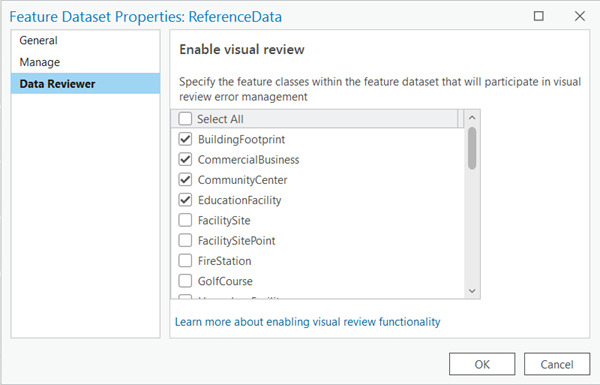 Feature Dataset Properties dialog box with the Data Reviewer tab active and Enable visual review settings
