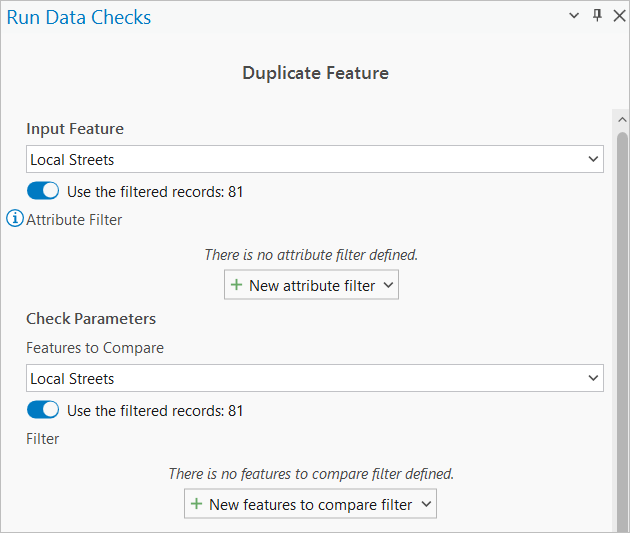 Duplicate Feature Run Data Check parameters with Local Streets selected