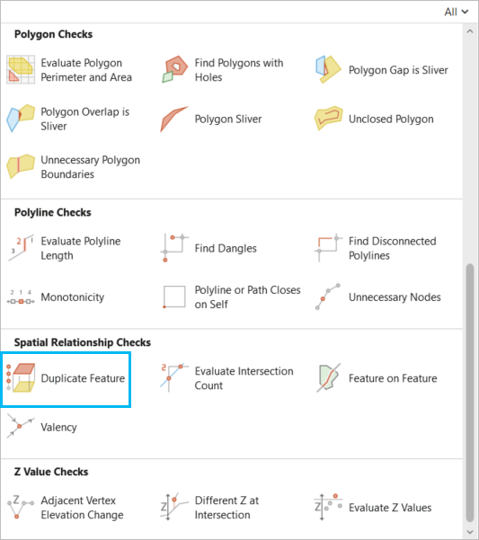 Run Data Check gallery with Duplicate Feature check highlighted