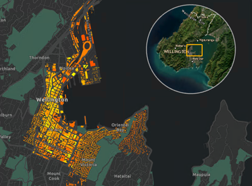 A layout showing a detailed view of a Wellington neighborhood and a smaller-scale overview map frame with a rectangular extent indicator locating the extent of the neighborhood map