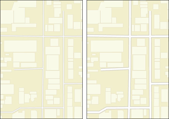 A comparison of buildings and streets at 1:4,000 with sizing variation applied on the right