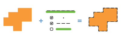 The black dashed stroke layer and a black dot marker layer of a line symbol are imported into a solid orange polygon symbol to make a solid orange polygon symbol with a dash-dot outline.