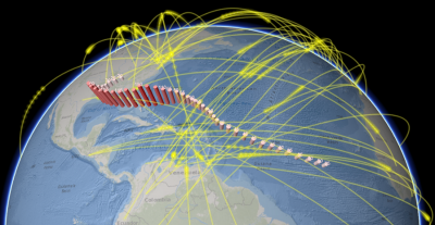 Global view of flight paths and a hurricane track