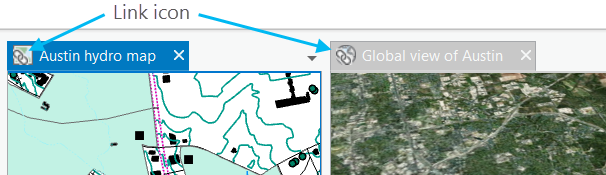 The view linking indicator icon overlaps the map view type as shown here with the chain symbol.
