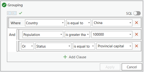 Three clauses in a query, the last two are grouped