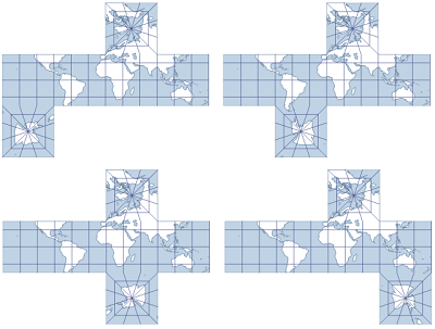 Examples of the Cube projection using Options 8–11, respectively