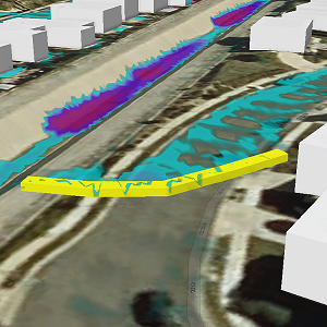 An image of a scene with a barrier added into a flood simulation