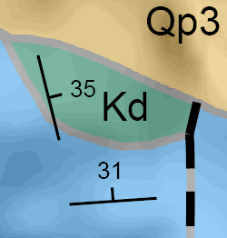 Strike and dip symbols labeled with the dip angle