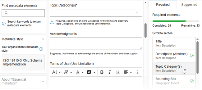 The ArcGIS metadata editor Essential Metadata page has three columns with required elements listed in the third column.