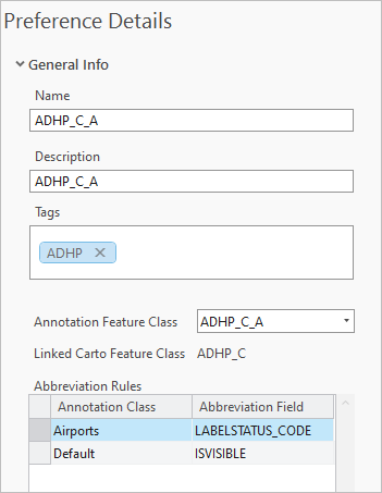 Preference Details pane with ADHP_C_A annotation feature class selected