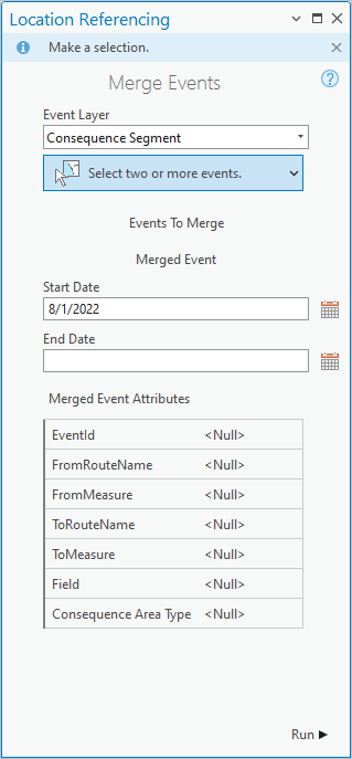 Merge Events pane before event selection